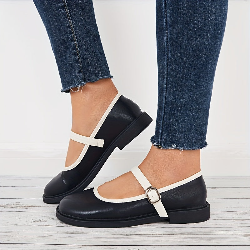 Women's Mary Jane Round Toe Buckle Strap Shoes Retro Flat Shoes