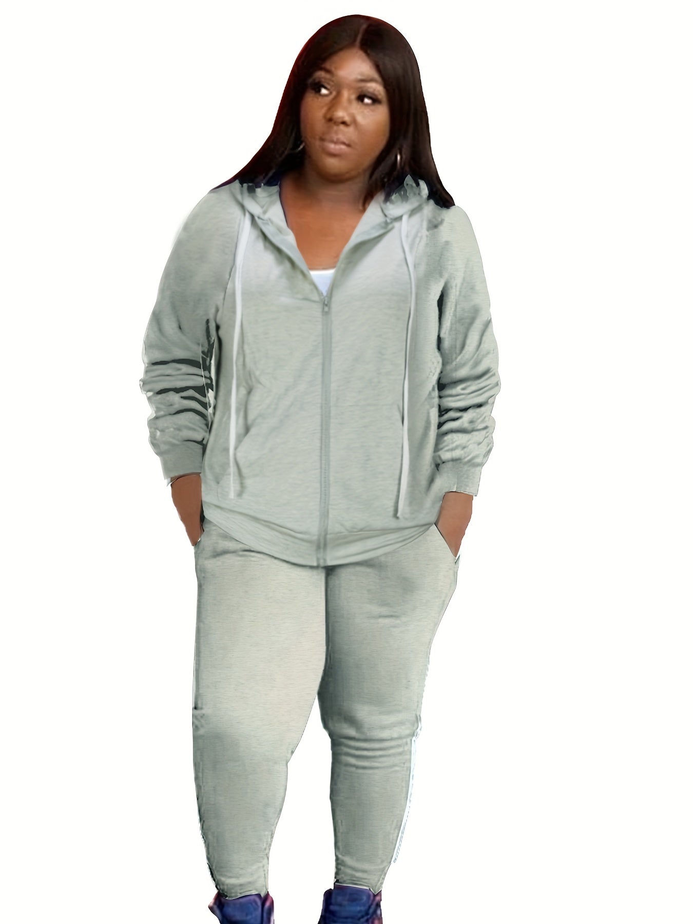 Women's Plus Size Sporty Outfit: Hooded Zipper Coat & Sweatpant