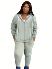 Women's Plus Size Sporty Outfit: Hooded Zipper Coat & Sweatpant