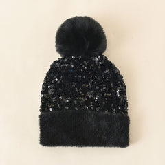 Sequins Pompom Decor Beanie Thick Warm Knit Hat Plush Coldproof Knit Beanie