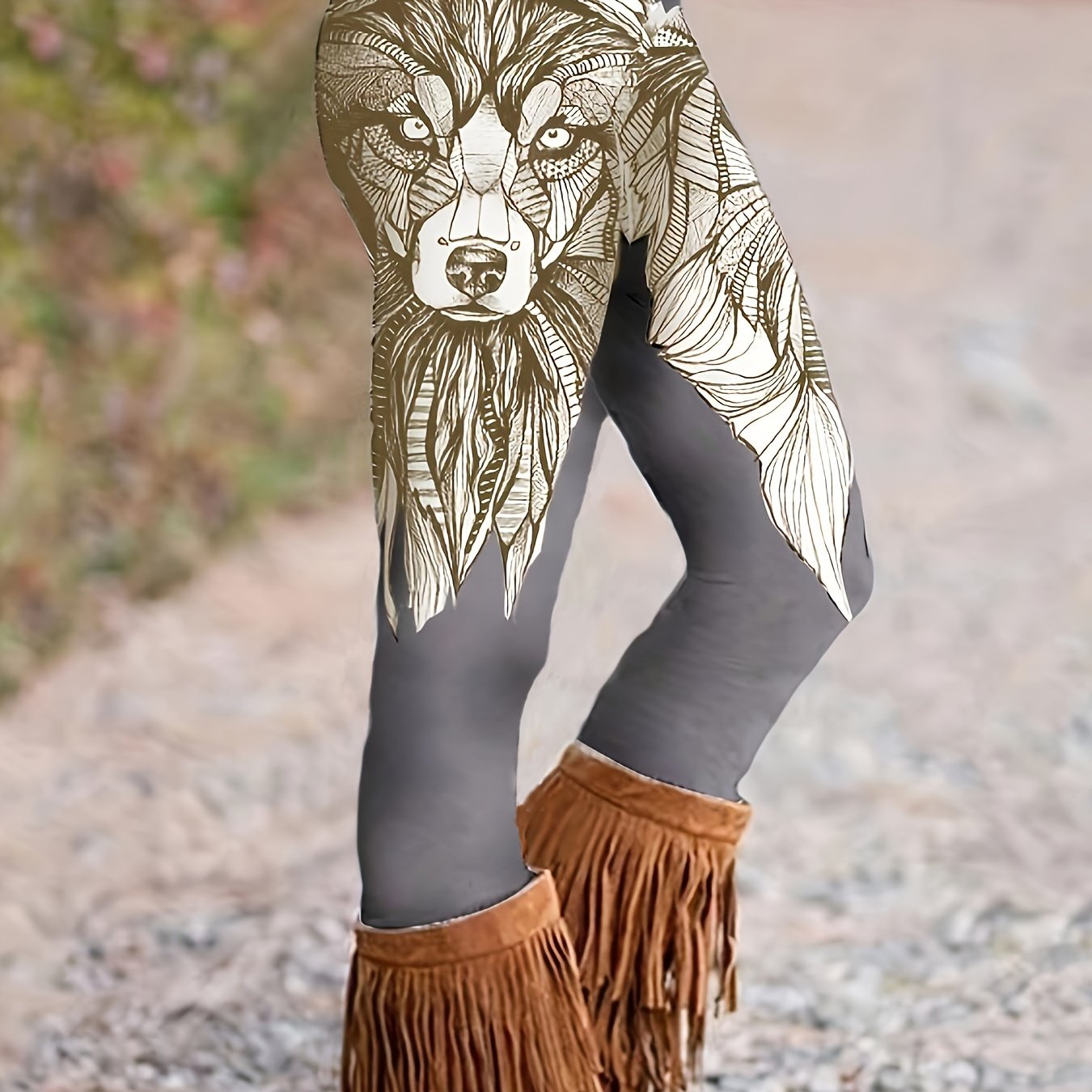 Women's Plus Wolf Print Leggings Medium Stretch Casual Pants
