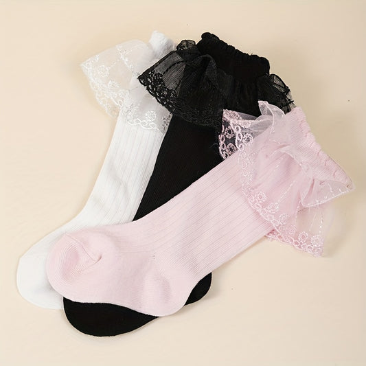 3 Pairs Girls Kids Lace Trim Crew Socks Lightweight & Comfy Children s Stockings