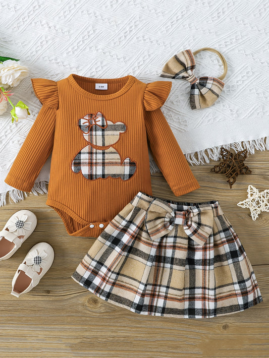 Toddler Bear Embroidered Romper Plaid Skirt Headwear Outfit