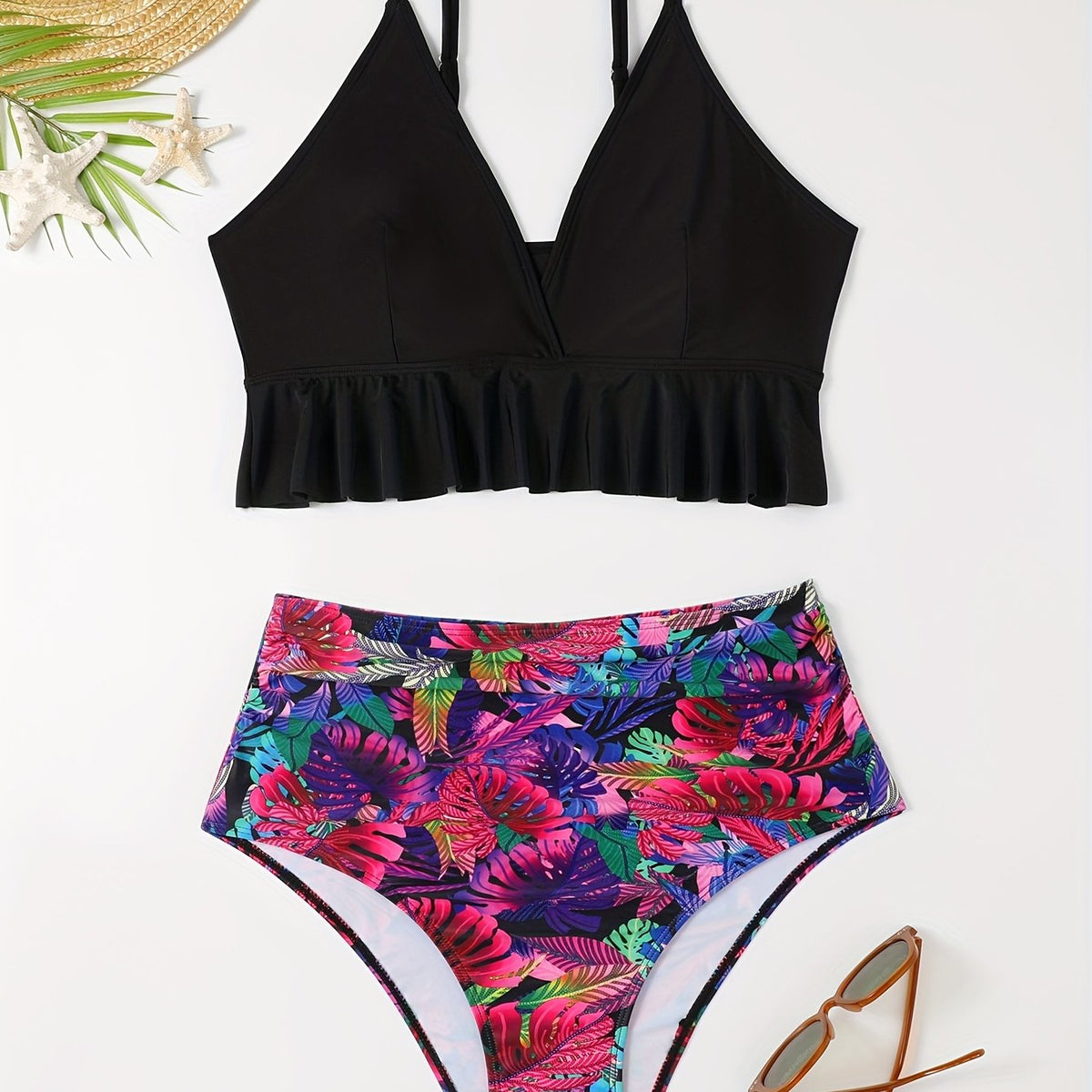  Sexy Bikini Set: Solid V Neck Ruffle Bra & Tropical Print Ruched Panty