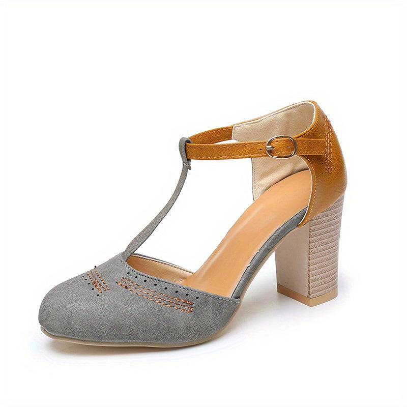 Women's Retro High Heels T-Strap Round Toe Block Heels Shoes