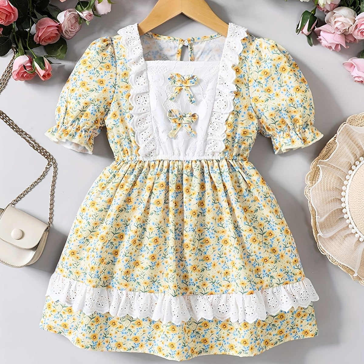 Girls Flower Print Puff Sleeve Dress for Party