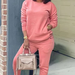 Solid 2 Pc Set Crew Neck Sweatshirt & Jogger Pants Outfit Women's Clothing