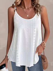  Casual Cami Top Solid Ring Decor Eyelet Embroidered Round Neck