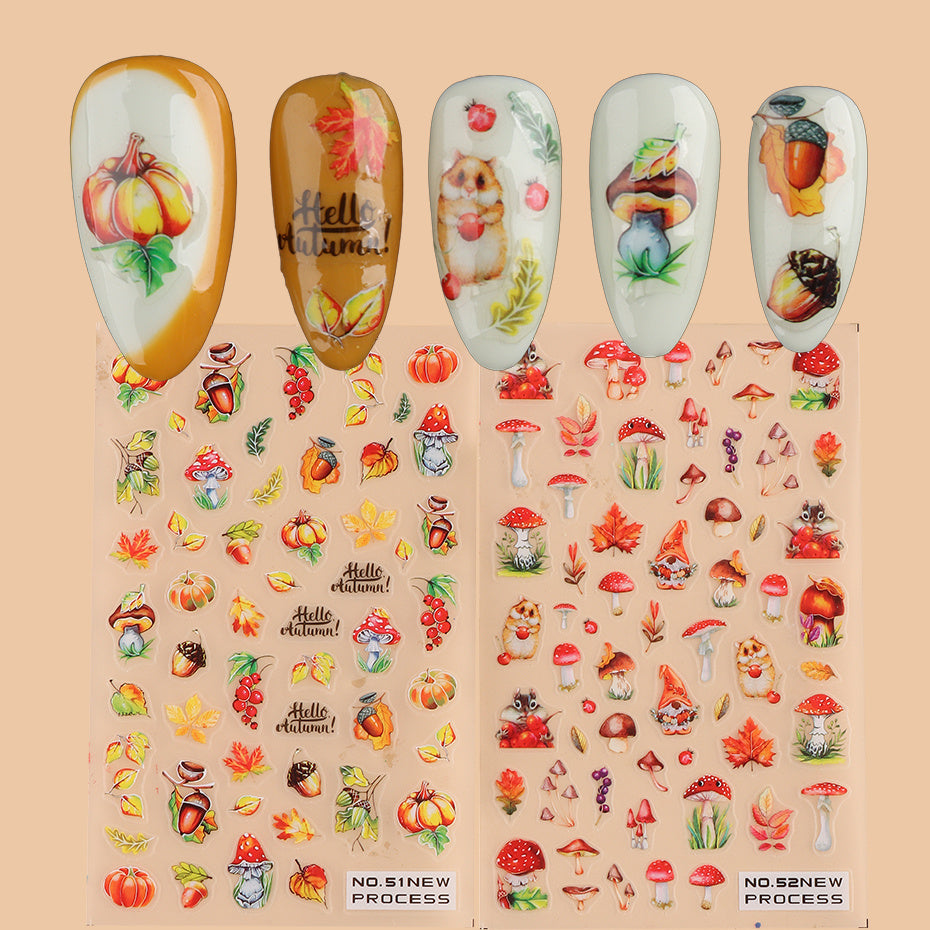 Fall Maple Leaf Nail Stickers Water Transfer 3D Squirrel Pumpkin Nail Decals