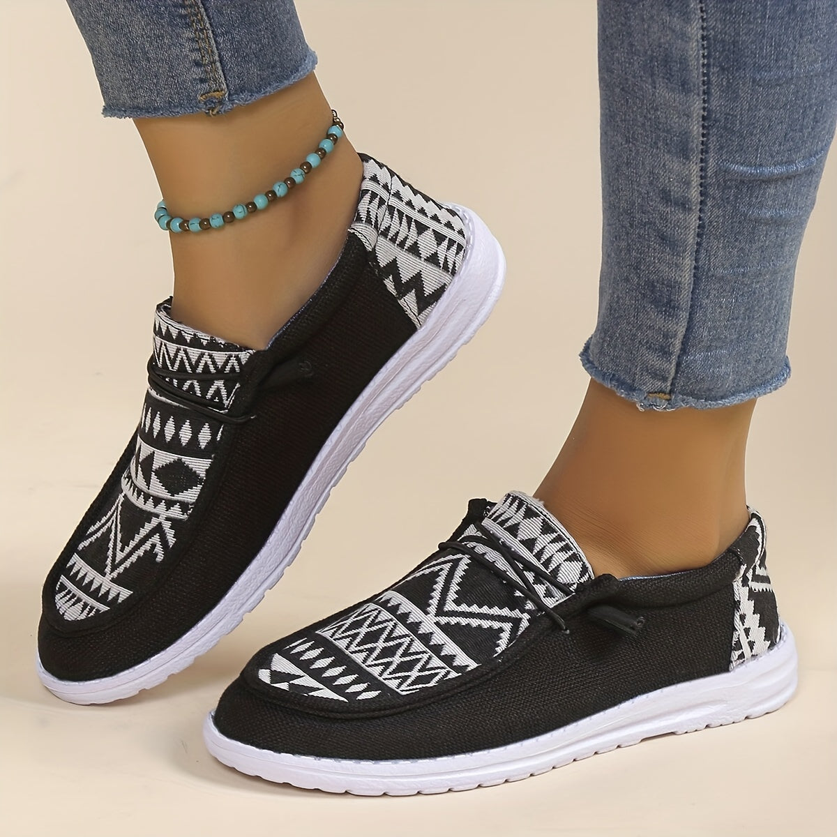 Women's Geometric Pattern Canvas Slip-On Loafers