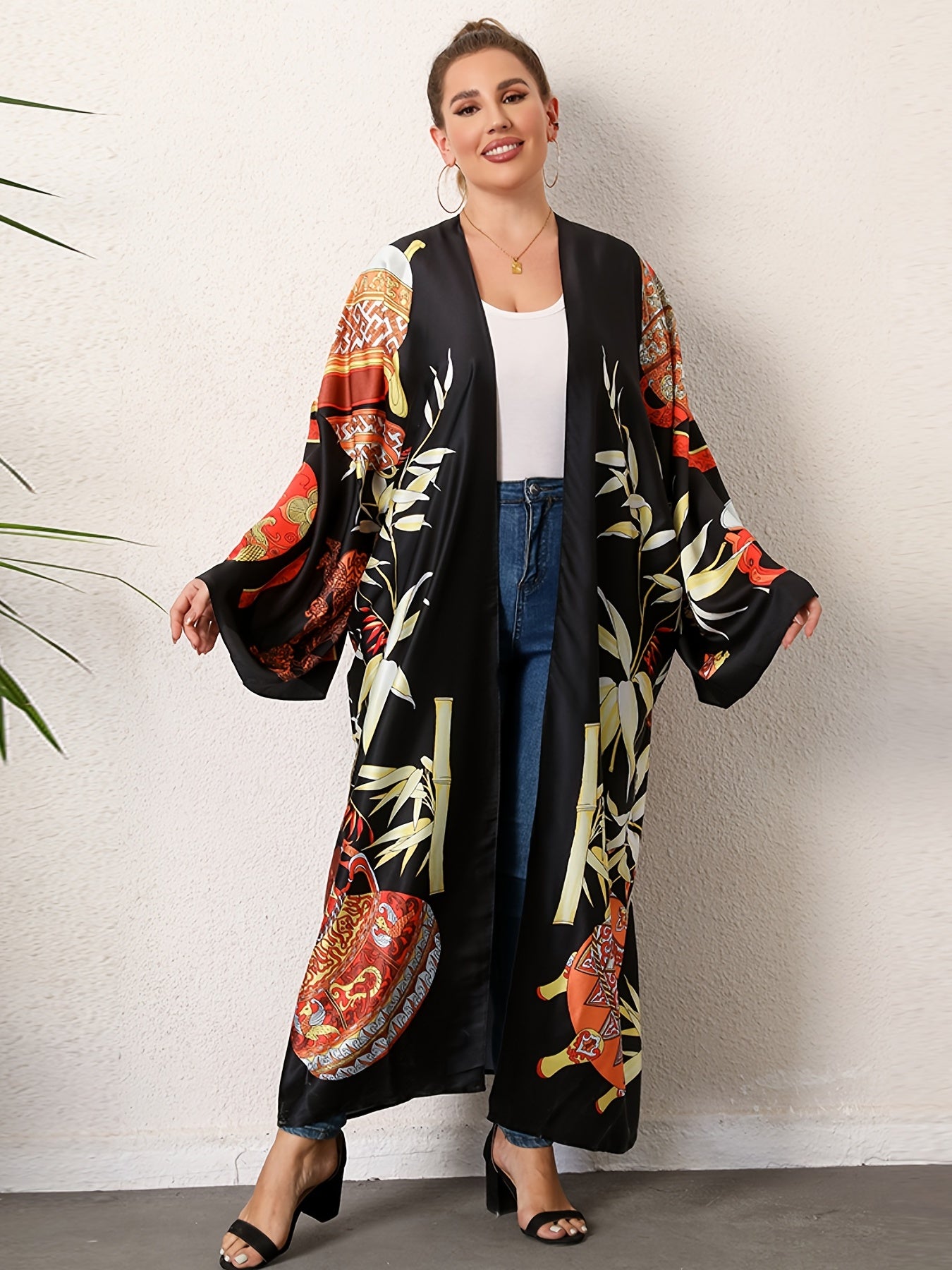  Boho Kimono Tribal Print Long Sleeve Beachwear