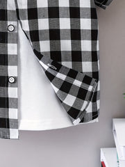 Boys Black Plaid Print Shirt Lightweight Short Sleeve Top