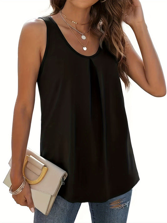  Solid Ruched Round Neck Tunic Vest Top