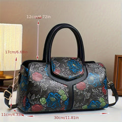 Vintage Floral Print Tote Bag Zipper Handbag Dark Brown Red Green