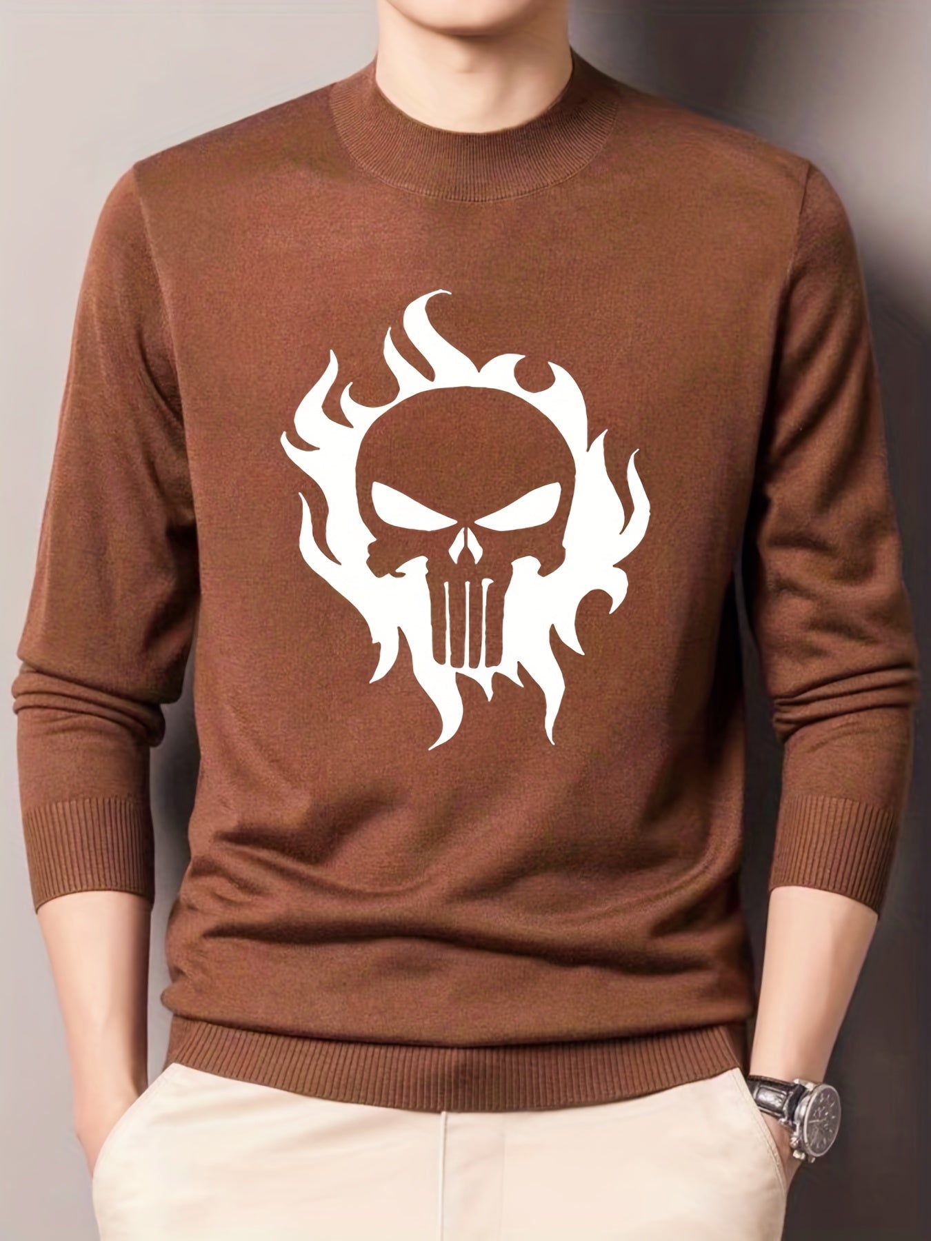 Skull In Fire Knitted Sweater Men's Warm Pullover For Fall Winter