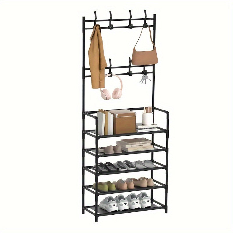 Shoe Storage Rack With Clothes Shelf and Hooks