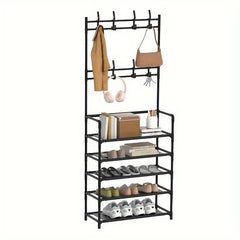Shoe Storage Rack With Clothes Shelf and Hooks