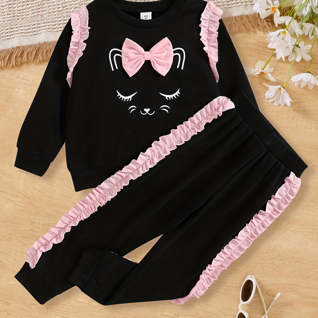Girls 2pcs Cat Print Sweatshirt & Sweatpants Set