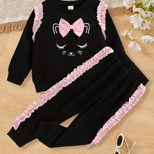 Girls 2pcs Cat Print Sweatshirt & Sweatpants Set