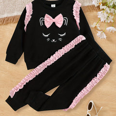 Girls 2pcs Cat Print Sweatshirt & Sweatpants Set