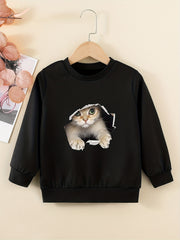 Cute Kitty Graphic Sweatshirt for Girls Round Neck Casual Pullover Tops