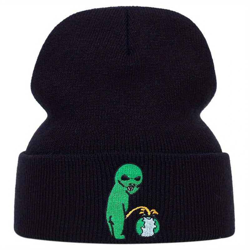 Alien Earth Embroidery Beanie Elastic Knit Hat Unisex Skull Cap