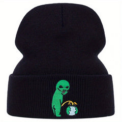Alien Earth Embroidery Beanie Elastic Knit Hat Unisex Skull Cap