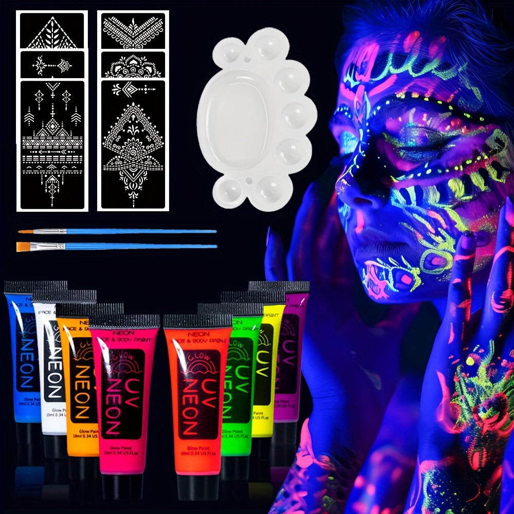 UV Body Paint Kit Glow in the Dark Blacklight Reactive Stencils Brushes