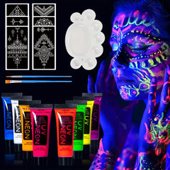 UV Body Paint Kit Glow in the Dark Blacklight Reactive Stencils Brushes