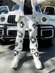Men's Floral Pattern Loose Fit Jeans Street Style Denim Pants