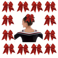 12PCS Glitter Cheer Hair Bows Ponytail Holder Elastic Band For Teen Girls Sports