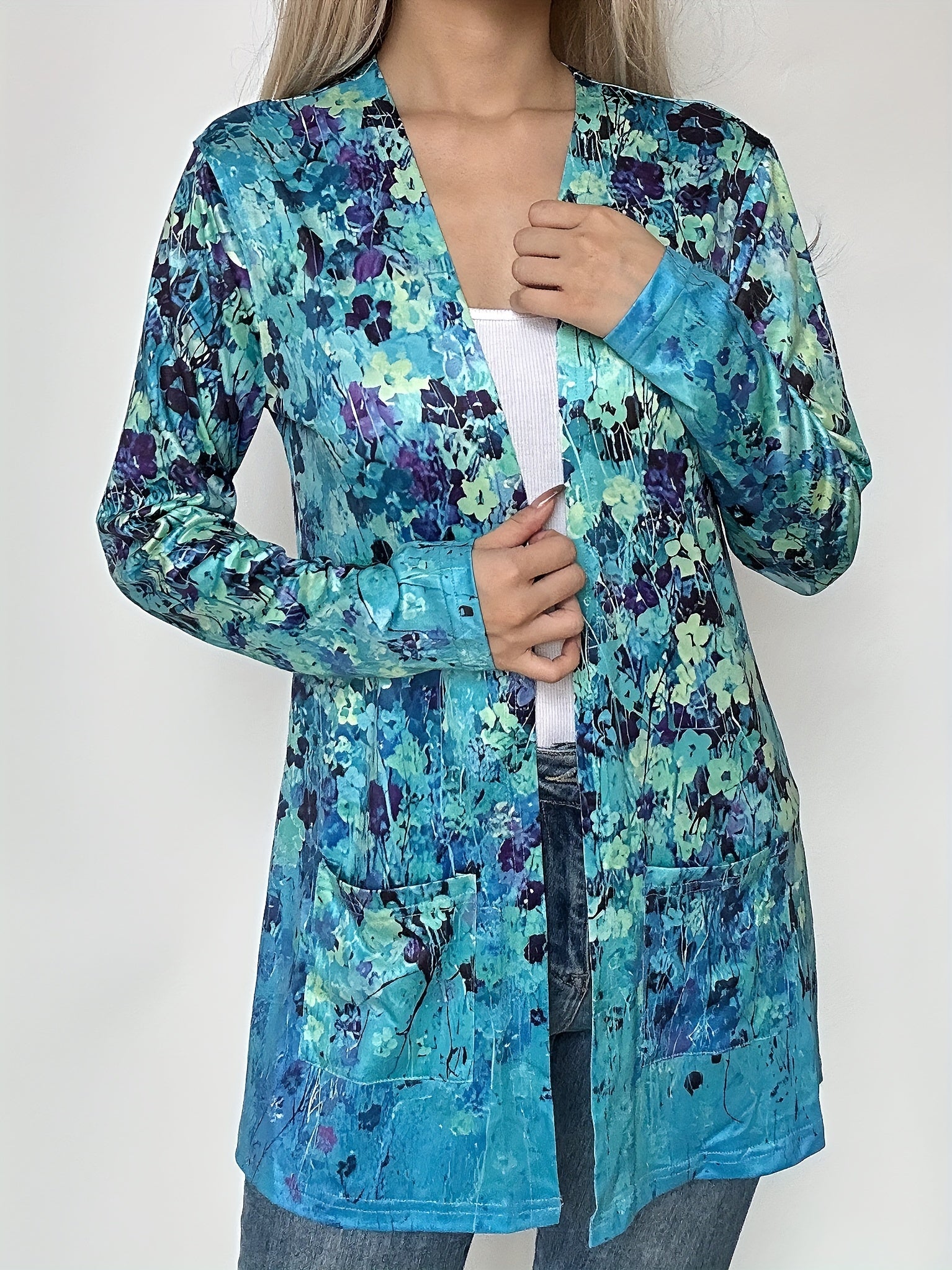  Floral Print Open Front Cardigan with Pockets