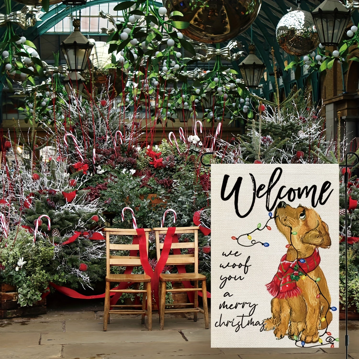 Christmas Dog Garden Flag Double Sided Golden Retriever Burlap Winter Decoration