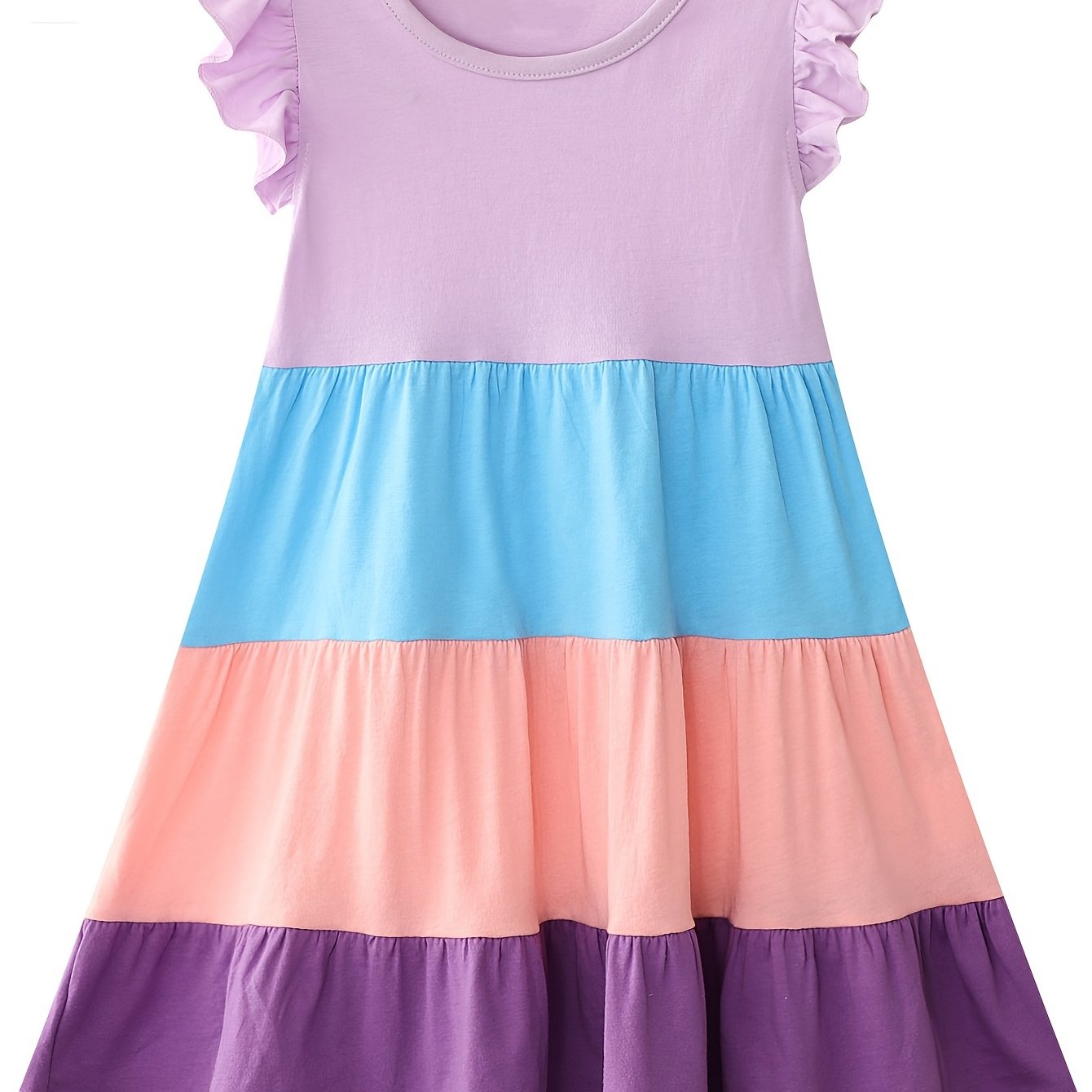 Girls Ruffled Sleeves Crew Neck Block Cotton Loose Dress