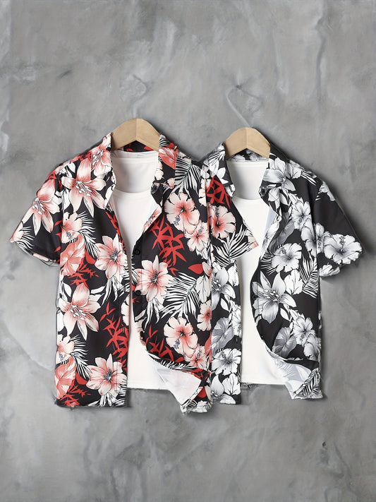 Tropical Floral & Leaf Print Boys Casual Short Sleeve Shirt
