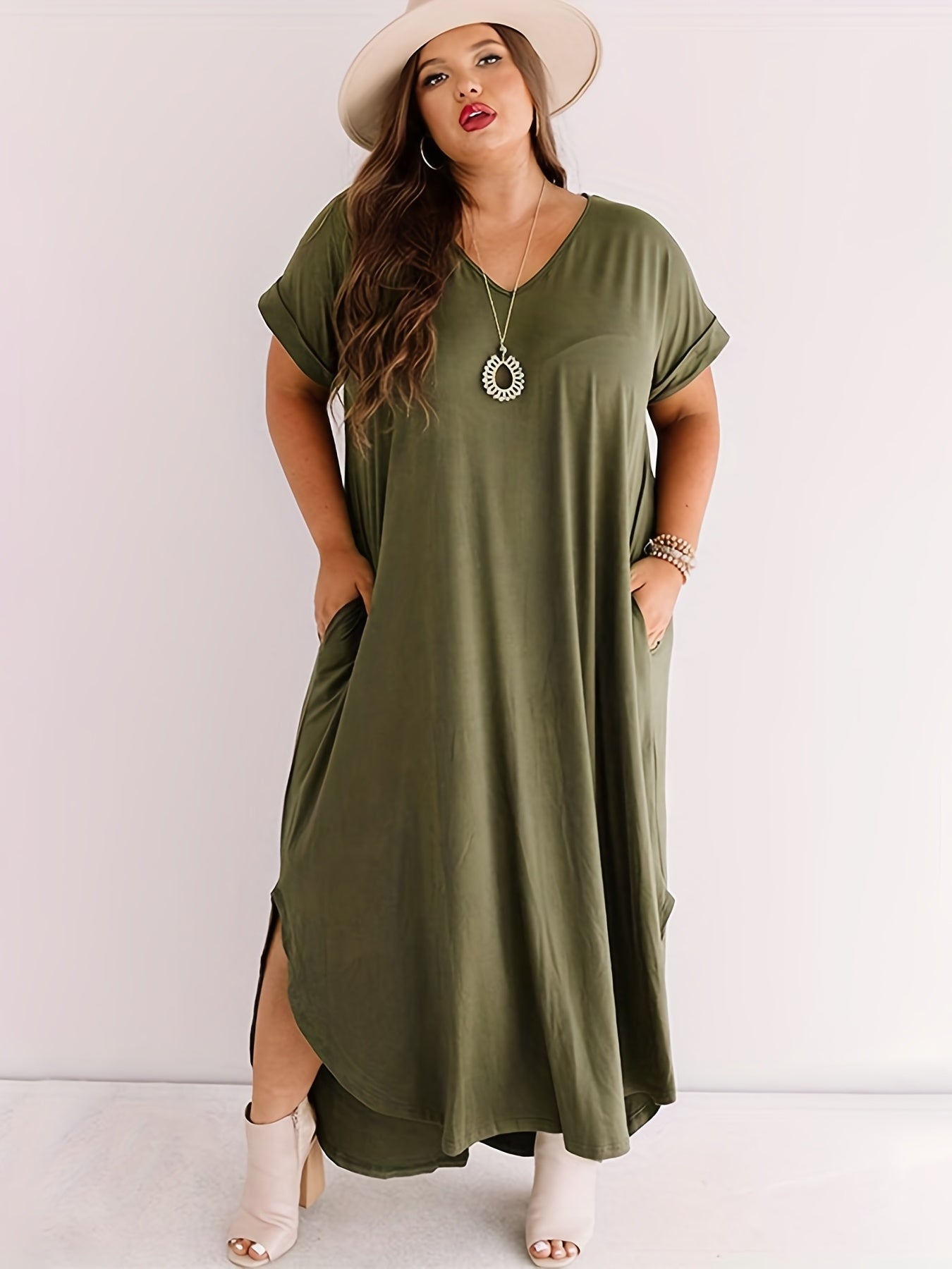  Solid Short Sleeve V Neck Maxi Dress