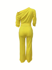 Slanted Shoulder Wide Leg Jumpsuit High Waist Casual