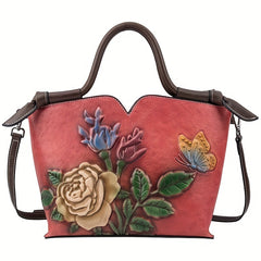 Vintage Red Leather Women's Handbag with Floral Embossing