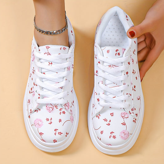 Women's Floral Print Flat Shoes Lace Up Low Top Sneakers