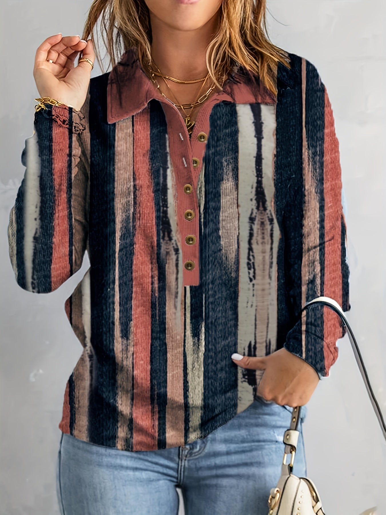  Stripe Print Long Sleeve Workwear Top