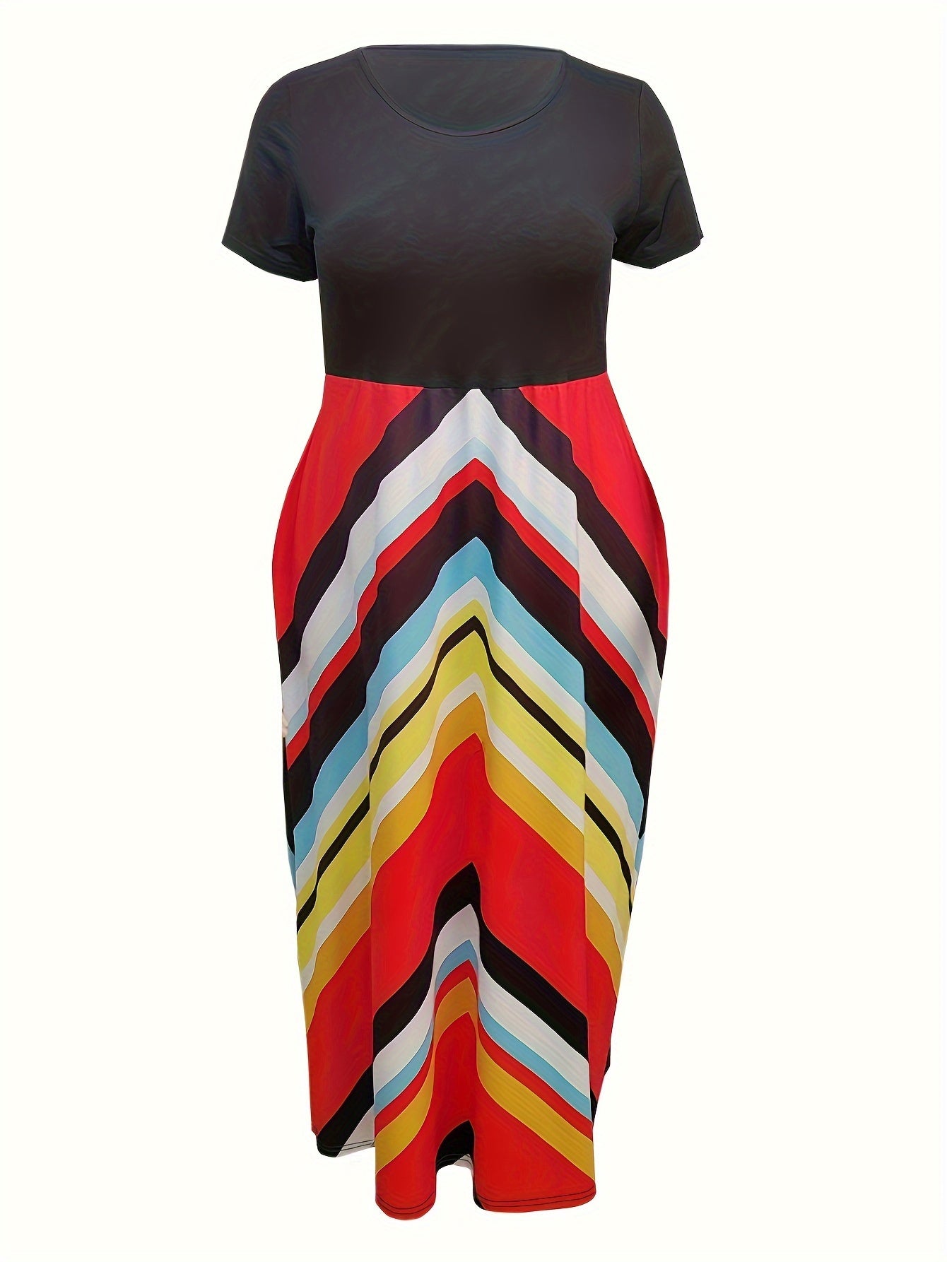  Colorblock Stripe Print Short Sleeve Maxi Dress