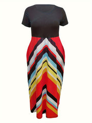  Colorblock Stripe Print Short Sleeve Maxi Dress