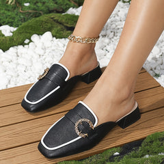 Low Heeled Mules Rhinestone Buckle Slip On Chunky Heels