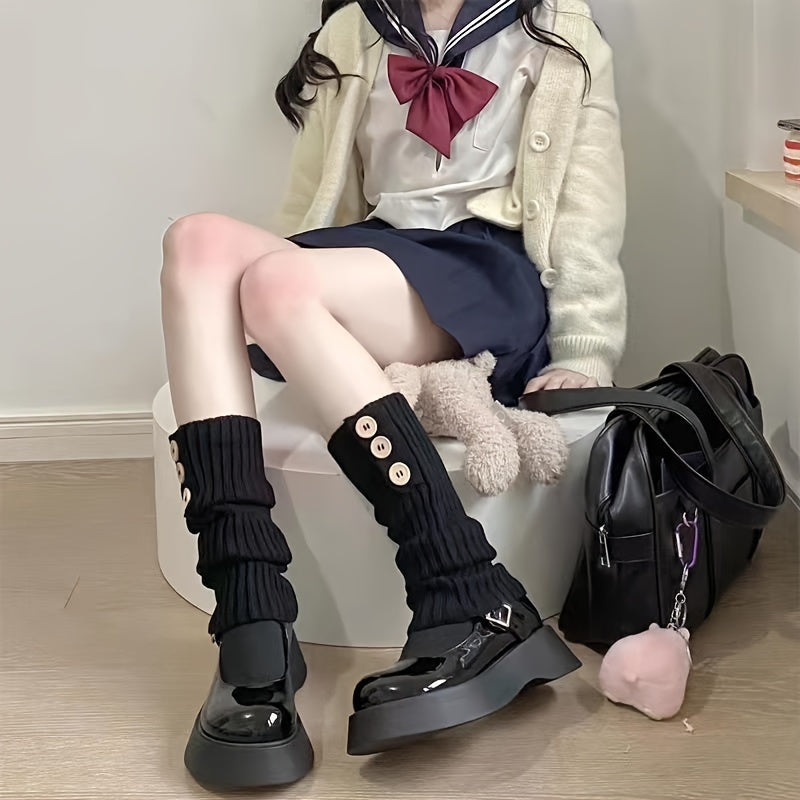 Solid Knitted Leg Warmers with Buttons Decor Knee High Socks Women's Stockings