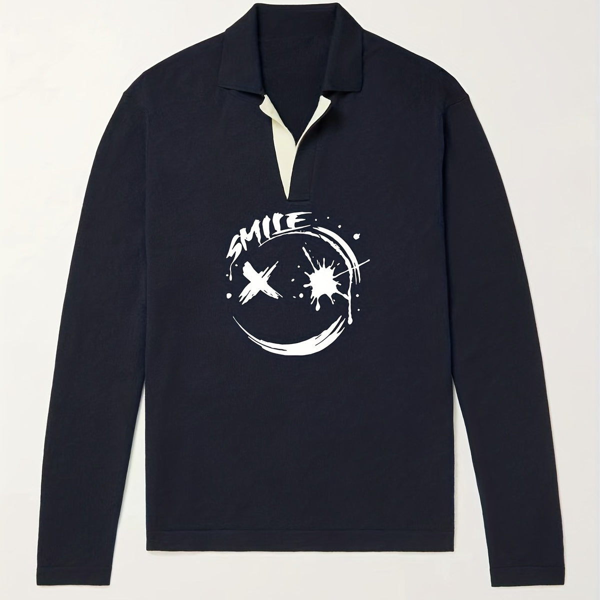 Smile Face Pattern Knit Polo Shirt Men's Casual Lapel Pullover Sweater