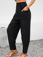  Solid Textured High Rise Loose Fit Trousers With Pockets
