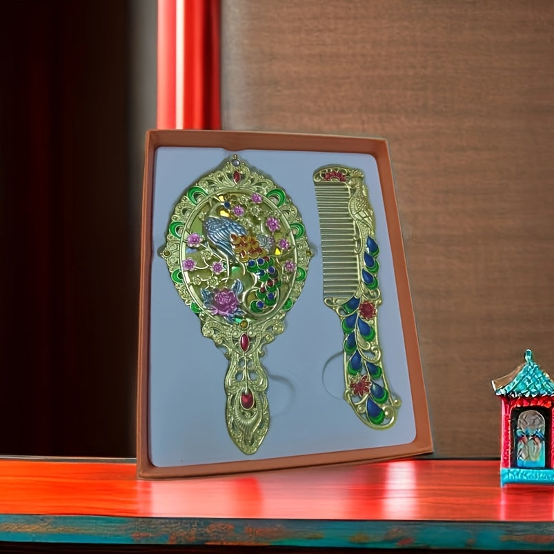 Vintage Mirror Comb Set Peacock Embossed Vanity Makeup Mirror
