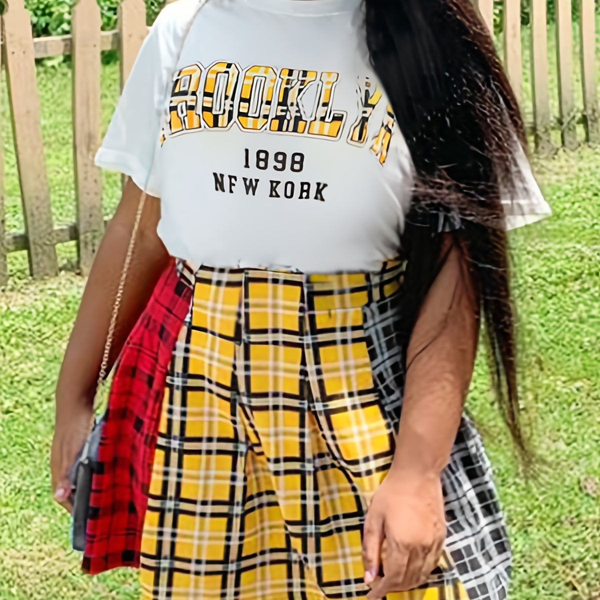  Plaid & Letter Print Tee & Mini Skirt Set
