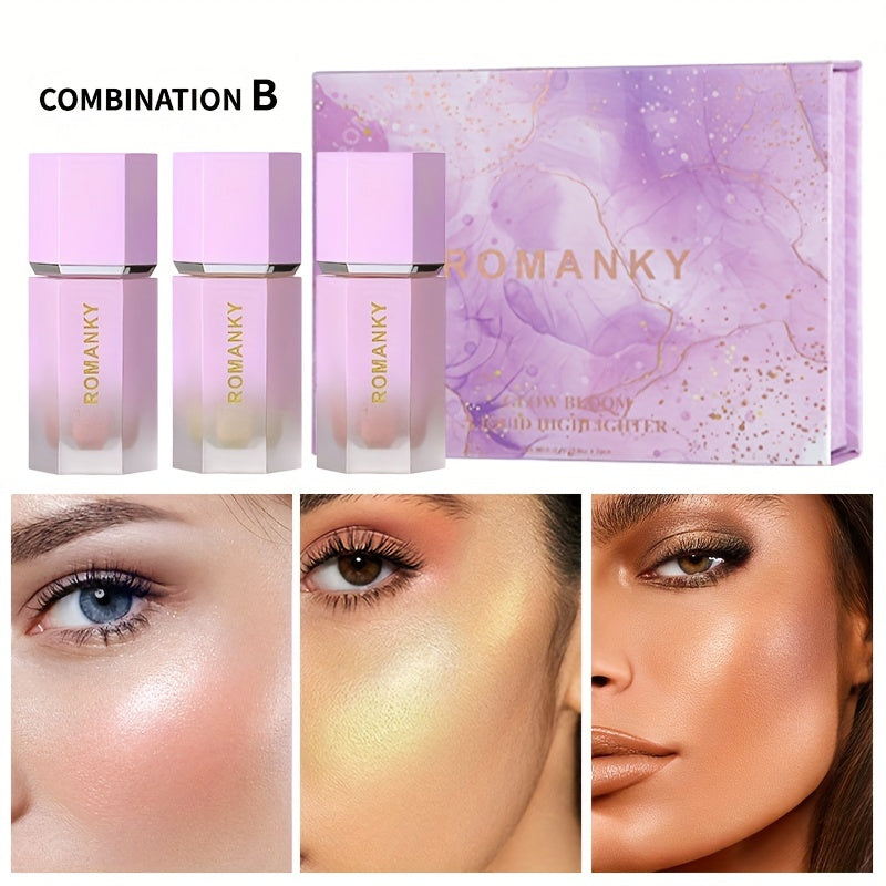 3-Piece Liquid Highlighter Set for Face and Body Glow Makeup