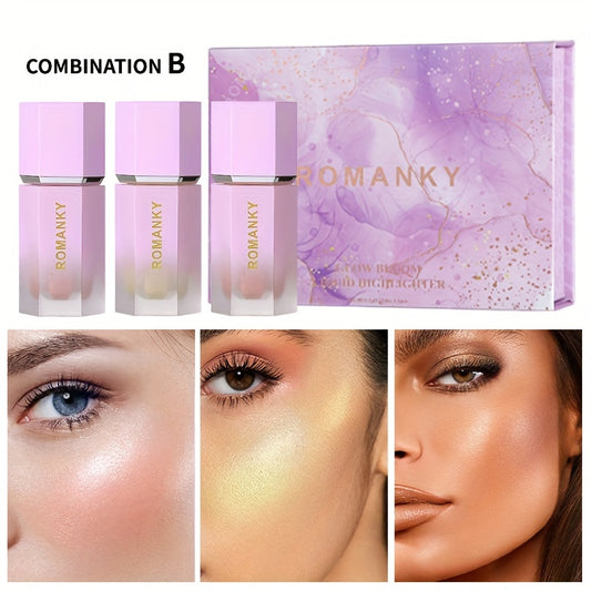 3-Piece Liquid Highlighter Set for Face and Body Glow Makeup